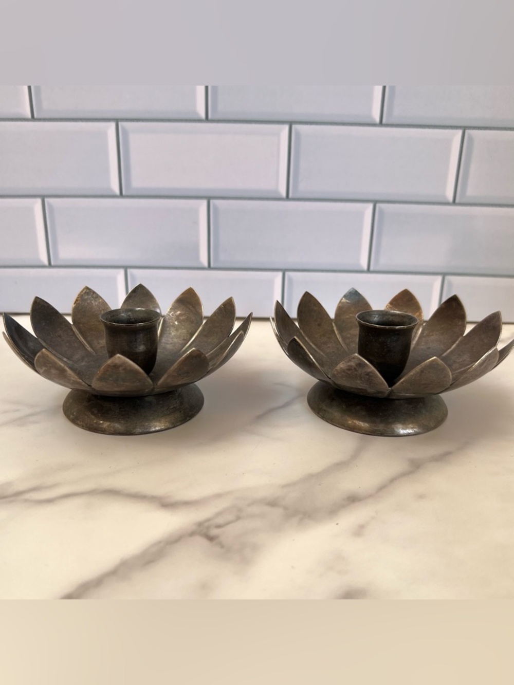 Vintage Silver Plated Lotus Flower Candle Holders Mid Century Modern Sculptural